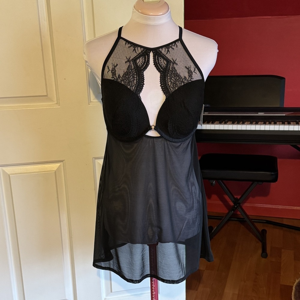 Auden Size Large, High Neck Lacy Black Babydoll Lingerie Slip NEW